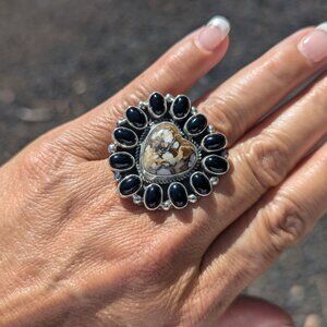 Navajo Adjustable Heart White Horse w/ Jet Cluster Sterling Siver Jewelry Sz 8US